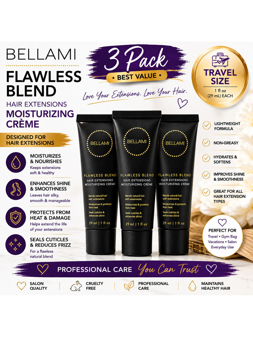 Bellami Flawless Blend Hair Extensions Moisturizing Crème 3 Pack Travel Size 1oz